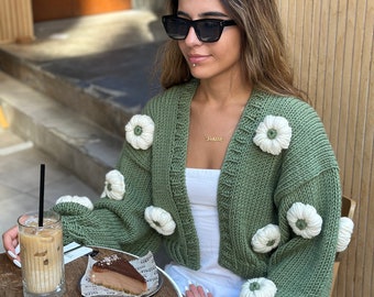 Flower Cardigan | Green Flower Cardigan | Handmade Cardigan | Oversized Flower Cardigan | Knit Cropped Cardigan |  Woman Knitted Top