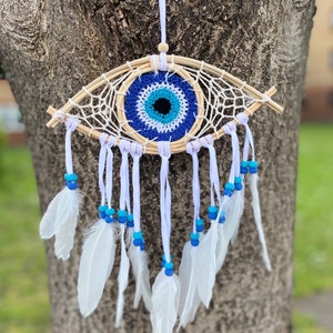 Small Dream Catcher| Wall Décor | Wall Hangings | Evil Eye DreamCatcher |Naturals Crescent DreamCatcher | Unique gift |Evil eye gift