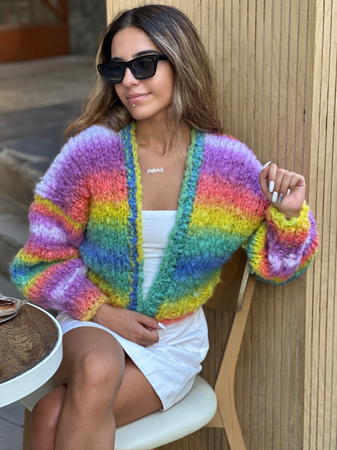Strickjacke Damen Retro Regenbogen Streifen - Cardigan Offene Front, Lockere Passform