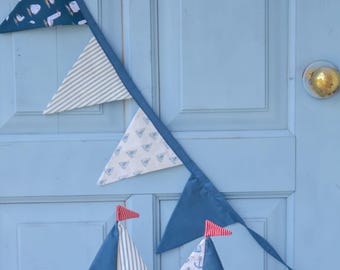 Nautical Fabric Bunting , Flag Garland, Coastal Home & Nursery Decor