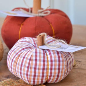 May include: Two fabric pumpkins with cinnamon stick stems and jute twine bows. One pumpkin is solid burnt orange, while the front pumpkin features a red, orange, and white gingham check pattern. Each pumpkin includes a small white paper tag.