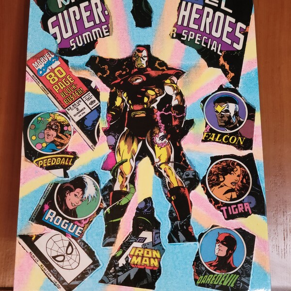 IRON MAN Comic book collage Poster ART featuring a Popped Cover from Marvel Superheroes Summer Special Falcon Speedball Daredevil