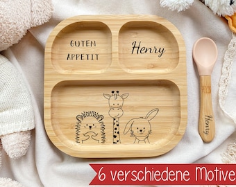 Assiette et cuillère personnalisées pour bébé avec un cœur, cadeau de naissance, assiette pour enfant, assiette en bambou, baptême, naissance, cadeau pour enfant, enfants et bébé
