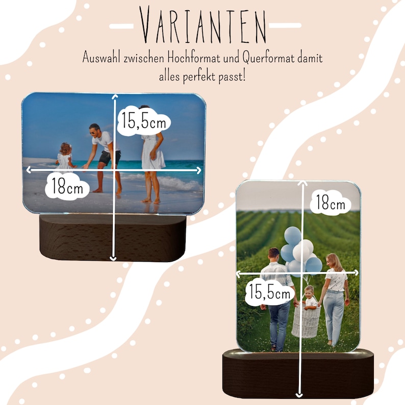 Op de afbeelding: Twee fotolijsten met verschillende ori&euml;ntaties, &eacute;&eacute;n portret en &eacute;&eacute;n landschap. Beide lijsten zijn 15,5 cm breed en 18 cm hoog. De lijsten zijn gemaakt van helder acryl en hebben een houten basis.