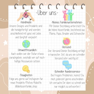 Peut inclure: Un graphique avec du texte en allemand qui dit "&Uuml;ber uns" ou "&Agrave; propos de nous" en anglais. Le graphique pr&eacute;sente des illustrations d'un coffret cadeau, d'une famille de lapins, d'un globe terrestre, d'une horloge et d'une ampoule. Le texte d&eacute;crit l'engagement de l'entreprise envers les produits faits &agrave; la main, le respect de l'environnement, la livraison rapide et le service &agrave; la client&egrave;le.