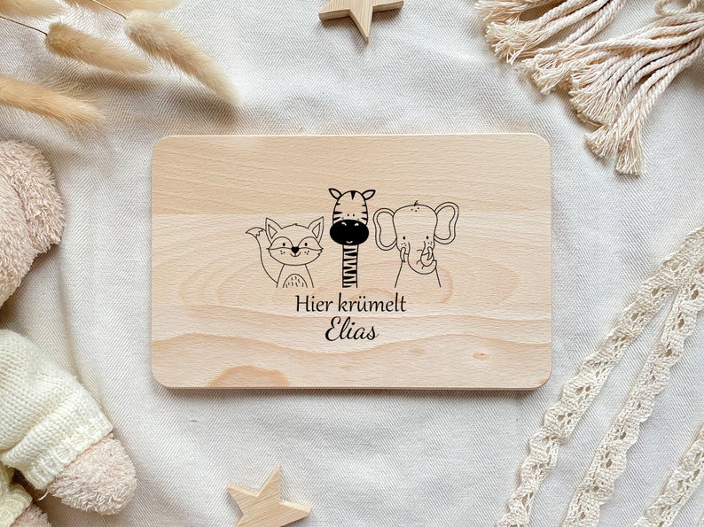 Children's breakfast board, personalized board, personalized baby gift, children's gift, wooden board with engraving, child's snack board FuchsZebraElefant