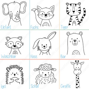May include: Black and white line art illustrations of nine different animals: elephant, fox, tiger, raccoon, rabbit, bear, hedgehog, sheep, and giraffe. Each animal is labeled with its German name.