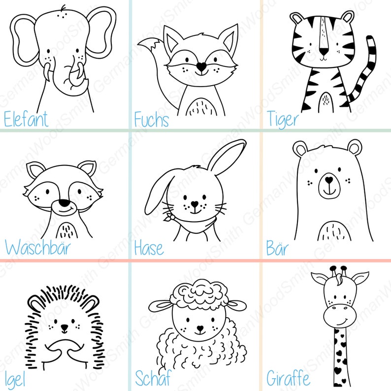 May include: Black and white line art illustrations of nine different animals: elephant, fox, tiger, raccoon, rabbit, bear, hedgehog, sheep, and giraffe. Each animal is labeled with its German name.