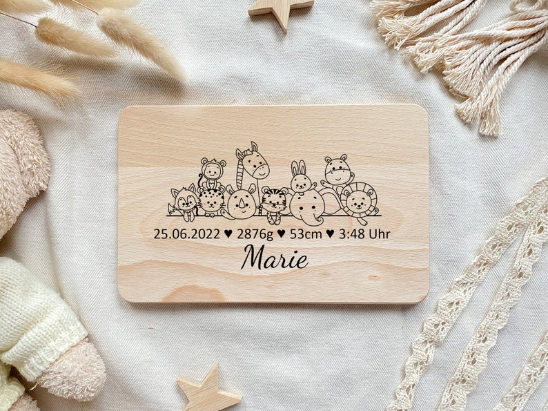 Children's breakfast board, personalized board, personalized baby gift, children's gift, wooden board with engraving, child's snack board Tiere(+Geburtsdaten)