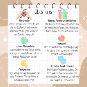 May include: A graphic with text in German that says "&Uuml;ber uns" or "About us" in English. The graphic features illustrations of a gift box, a family of rabbits, a globe, a clock, and a light bulb. The text describes the company's commitment to handmade products, environmental friendliness, fast shipping, and customer service.