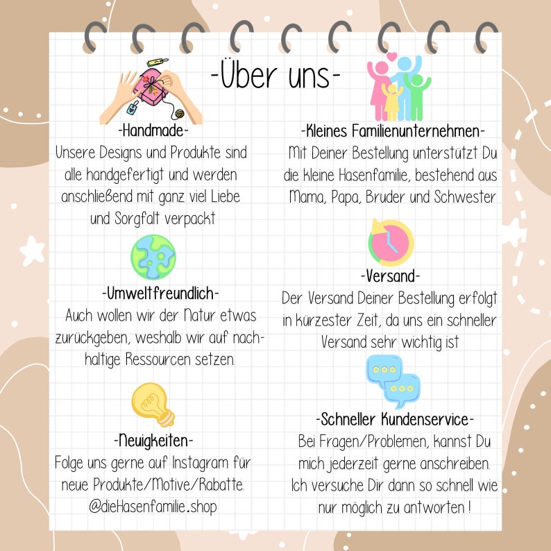 May include: A graphic with text in German that says "&Uuml;ber uns" or "About us" in English. The graphic features illustrations of a gift box, a family of rabbits, a globe, a clock, and a light bulb. The text describes the company's commitment to handmade products, environmental friendliness, fast shipping, and customer service.