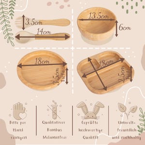 Peut inclure: Un ensemble de quatre bols et ustensiles pour b&eacute;b&eacute; en bambou. L'ensemble comprend un petit bol, un grand bol &agrave; trois compartiments, une fourchette et une cuill&egrave;re. Les bols ont un diam&egrave;tre de 13,5 cm et 18 cm. La cuill&egrave;re mesure 14 cm de long et la fourchette 3,5 cm de large. Les bols sont en bambou naturel et sans m&eacute;lamine. L'ensemble est &eacute;cologique et durable.
