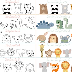 May include: Five rows of black and white animal illustrations. Each row has a title in German, "Tierfamilie" followed by a number 1 through 5. The second row of illustrations has the same animals in color with the title "Bunte-Tierfamilie" followed by a number 1 through 5.
