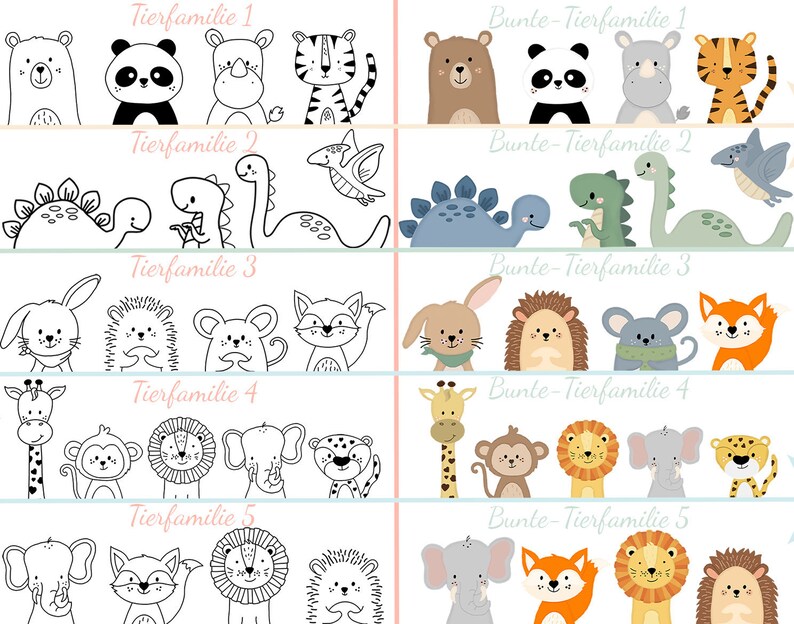 May include: Five rows of black and white animal illustrations. Each row has a title in German, "Tierfamilie" followed by a number 1 through 5. The second row of illustrations has the same animals in color with the title "Bunte-Tierfamilie" followed by a number 1 through 5.