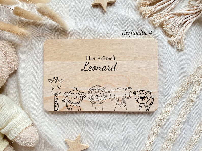 Kinder Schneidebrett personalisiert Frontansicht Tierfamilie 4 gravur