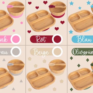 Peut inclure: Ensemble de 10 assiettes et bols pour b&eacute;b&eacute; en bambou de diff&eacute;rentes couleurs, dont rose, rouge, bleu, gris, beige et vert olive. Chaque ensemble comprend une assiette divis&eacute;e et un bol avec une base d'aspiration en silicone assortie.