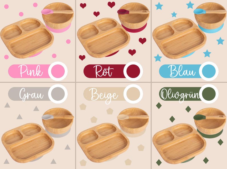 Peut inclure: Ensemble de 10 assiettes et bols pour b&eacute;b&eacute; en bambou de diff&eacute;rentes couleurs, dont rose, rouge, bleu, gris, beige et vert olive. Chaque ensemble comprend une assiette divis&eacute;e et un bol avec une base d'aspiration en silicone assortie.