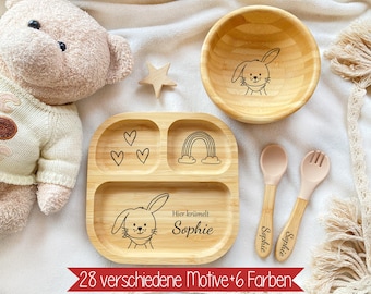 Baby Geschenke, Babyteller personalisiert, Kinderteller, Taufgeschenke, Bambusteller Baby, Taufe Weihnachten, Kinderbesteck, Taufgeschenk