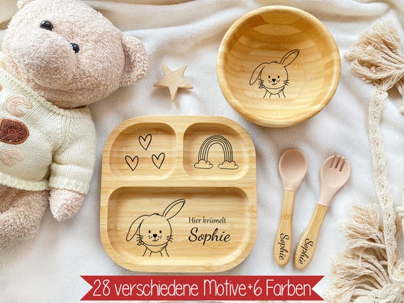 Baby Geschenke, Babyteller personalisiert, Kinderteller, Taufgeschenke, Bambusteller Baby, Taufe Weihnachten, Kinderbesteck, Taufgeschenk
