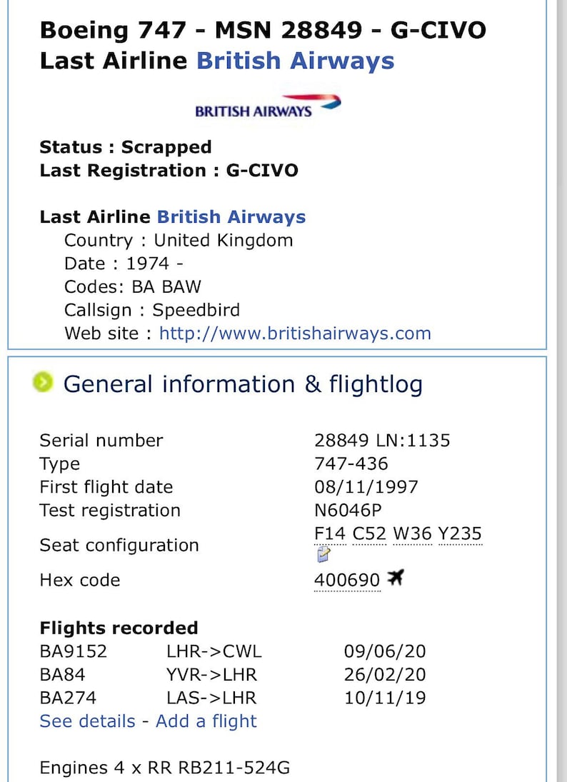 British Airways G-CIVO Boeing 747 Window Fuselage Cut Airline Aviation ...