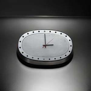 May include: A silver oval clock with a black face and red hour hand and black minute hand. The clock has a silver rim with small holes around the edge.