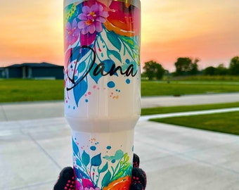 40oz Personalized Floral Tumbler with Handle and Straw - Custom 40 ounce Stainless Tumbler