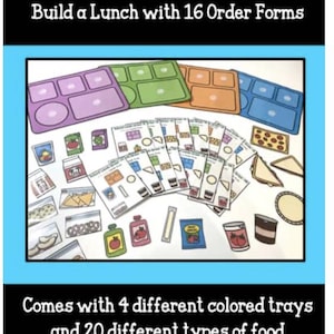 May include: A set of 16 printable lunch order forms for kids. The set includes four different colored lunch trays and 20 different types of food items.  Build a Lunch with 16 Order Forms. Comes with 4 different colored trays and 20 different types of food.