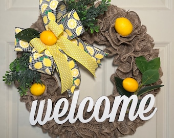 Lemon wreath rustic summer wreath burlap farmhouse front door wreath welcome wreath lemon decor
