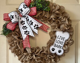 Dog mom wreath gift live love bark burlap wreath paw print dog bone front door wreath everyday wreath