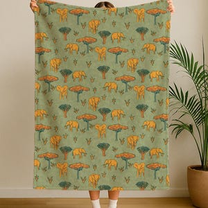 Elephant Safari Plush Blanket - Children&#39;s African Theme Kids Blanket, Soft Cozy Velveteen Throw for Boys and Girls, Jungle Animal Nursery