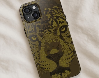 May include: A smartphone case with a detailed illustration of a leopard's face. The design uses a topographic map style with olive green and black tones. The case has a glossy finish and a black camera module.