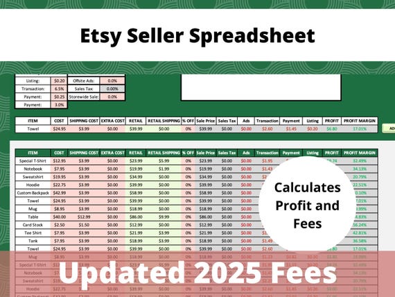 Etsy Seller Bookkeeping Spreadsheet Fee & Profit Calculator Automated Excel Template Instant Download US Version