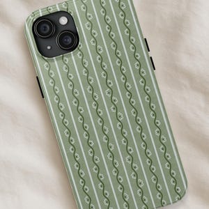 Sage Green Floral Stripe Phone Case - Grandmacore iPhone & Samsung Cover, Cottagecore Minimal Aesthetic Case, Vintage Garden Gift Idea