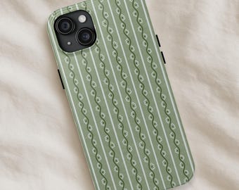 Sage Green Floral Stripe Phone Case - Grandmacore iPhone & Samsung Cover, Cottagecore Minimal Aesthetic Case, Vintage Garden Gift Idea