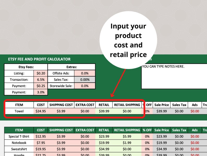 May include: A green and white Etsy fee and profit calculator spreadsheet with a red border around the top row. The spreadsheet has columns for item, cost, shipping cost, extra cost, retail, retail shipping, off, sale price, sales tax, and ads. The first row shows the item "Towel" with a cost of $24.95, shipping cost of $3.99, extra cost of $0.00, retail of $39.99, retail shipping of $0.00, off of 0%, sale price of $39.99, sales tax of $0.00, and ads of $0.00.