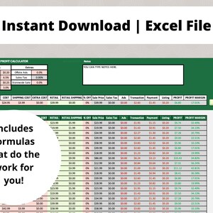May include: A green and white spreadsheet with the title "Etsy Fee and Profit Calculator". The spreadsheet includes columns for cost, shipping cost, extra cost, retail, retail shipping, % off, sale price, sales tax, ads, transaction, payment, listing, profit, and profit margin. The spreadsheet is designed to help Etsy sellers calculate their profits.