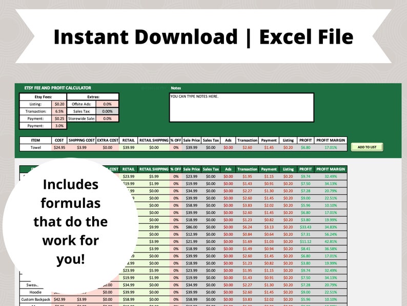 May include: A green and white spreadsheet with the title "Etsy Fee and Profit Calculator". The spreadsheet includes columns for cost, shipping cost, extra cost, retail, retail shipping, % off, sale price, sales tax, ads, transaction, payment, listing, profit, and profit margin. The spreadsheet is designed to help Etsy sellers calculate their profits.