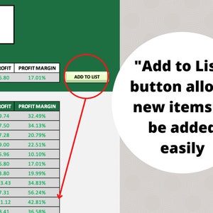 May include: A table with a green background shows a spreadsheet with columns labeled "Listing", "Profit", and "Profit Margin". The spreadsheet shows a list of numbers. A red circle highlights a green button that says "Add to List". Text below the table says "Add to List" button allows new items to be added easily.