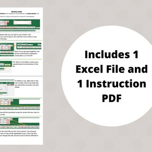 May include: A green and white instruction sheet with the text "Includes 1 Excel File and 1 Instruction PDF". The sheet includes instructions on how to use an Excel spreadsheet.