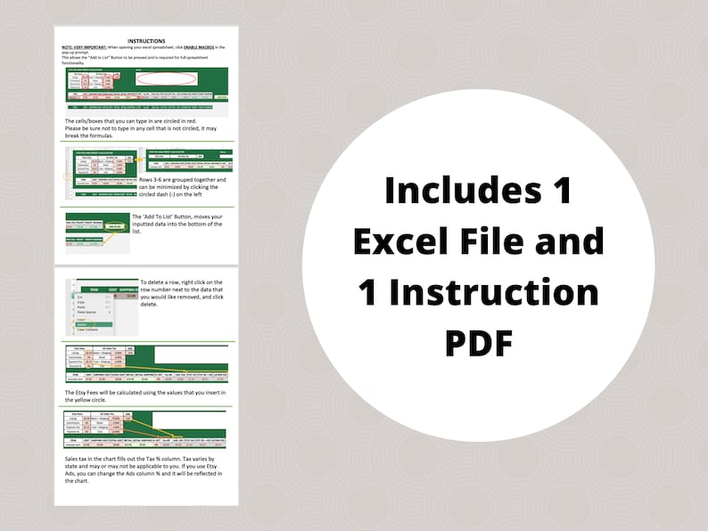 May include: A green and white instruction sheet with the text "Includes 1 Excel File and 1 Instruction PDF". The sheet includes instructions on how to use an Excel spreadsheet.