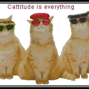 Cattitude, 3 Cats - Cross Stitch Chart/Pattern/Design/XStitch  Instant Download (PDF Format) PRINTED chart also available