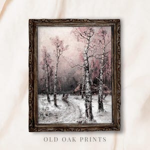 Pink Winter Landscape Print: Vintage Snowy Scene (Digital Download)