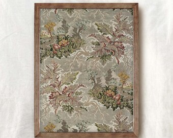 Peut inclure: Une impression encadrée d'un motif floral vintage dans des tons de vert, marron et rose. Le motif présente des feuilles et des fleurs stylisées sur un fond gris clair. Le cadre est un simple cadre en bois brun. Le texte "OLD OAK PRINTS" est en haut de l'image et "Remastered Vintage Art" en bas.