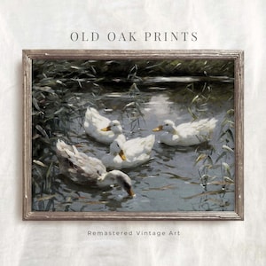 Vintage White Ducks In a Pond | Modern Farmhouse Wall Décor | PRINTABLE Duck Oil Painting | 290