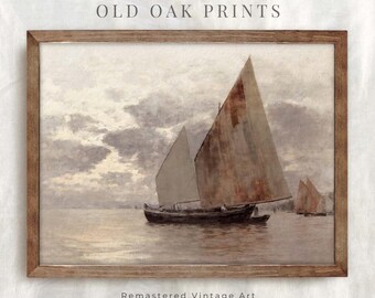 Vintage Sailboat Painting Print: Muted Coastal Sunset (Digital Download)