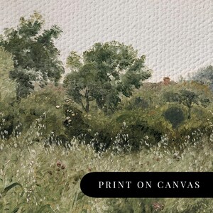 May include: A painting of a lush green landscape with trees and bushes. The painting has a textured, canvas-like appearance. The text "PRINT ON CANVAS" is at the bottom of the image.