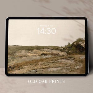 May include: A digital tablet displaying a landscape scene with a rocky terrain and a digital clock showing the time 14:30. The text "Monday, 4 July" is displayed above the clock. The text "OLD OAK PRINTS" is displayed below the tablet.