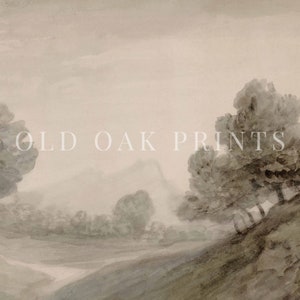 May include: A watercolour painting depicting a misty landscape with trees and a winding path. The sky is a soft grey, and the trees are a dark green. The path is a light brown, and it meanders through the trees and into the distance.