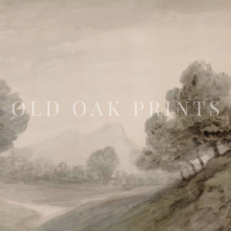 May include: A watercolour painting depicting a misty landscape with trees and a winding path. The sky is a soft grey, and the trees are a dark green. The path is a light brown, and it meanders through the trees and into the distance.