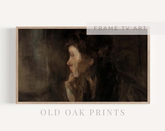 May include: A painting of a person's face in profile, with dark hair and a dark background. The person is looking to the right, and their face is lit from the left. The painting is in a dark, muted color palette.